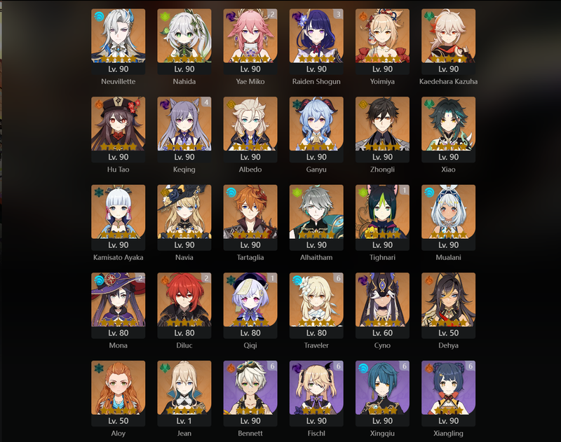 [Eu] AR60 - Nruvillette,Yoimiya,Kazuha,Hu Tao,Albedo,Ganyu,Zhongli,Xiao,Ayaka,Navia,Tartaglia,Mualani,Cyno,Dehya,Yae Miko(C2),Raiden Shogun(C3)