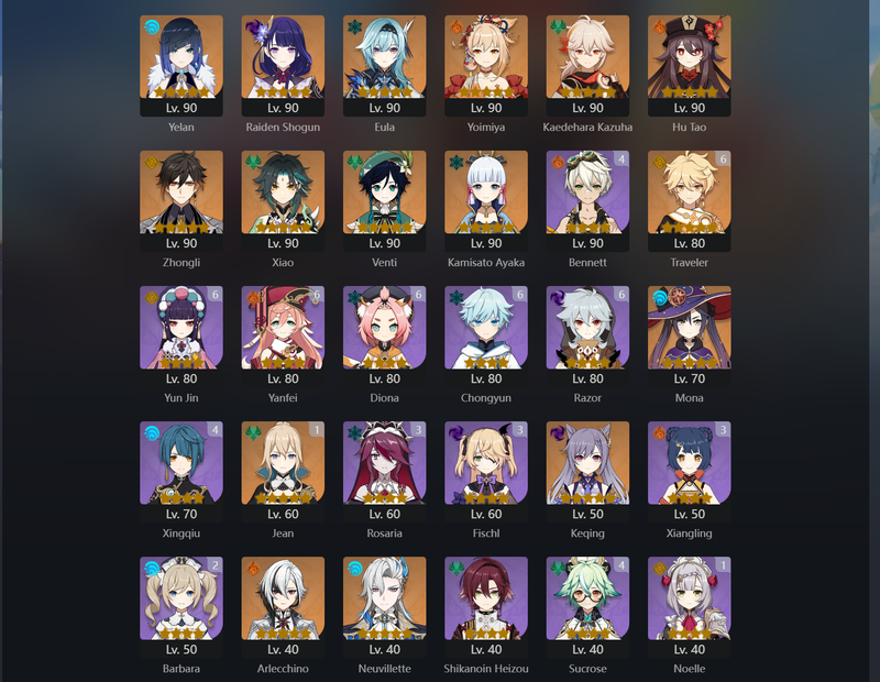 [America] AR58 - Yelan,Raiden Shogun,Eula,Yoimiya,Kazuha,Hu Tao,Zhongli,Xiao,Venti,Ayaka,Arlecchino,Neuvillette,Mona,Keqing,Diluc(C1),Jean(C1)