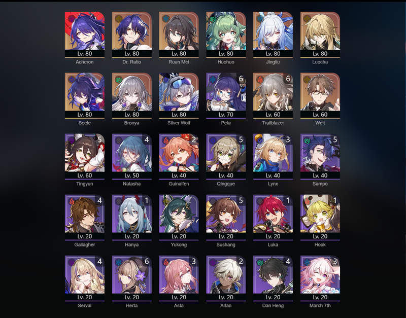 [Asia] TL69 - Acheron, Ruan Mei, Huohuo, Jingliu, Luocha, Seele, Bronya, Wanderer, Welt, Dr.Ratio