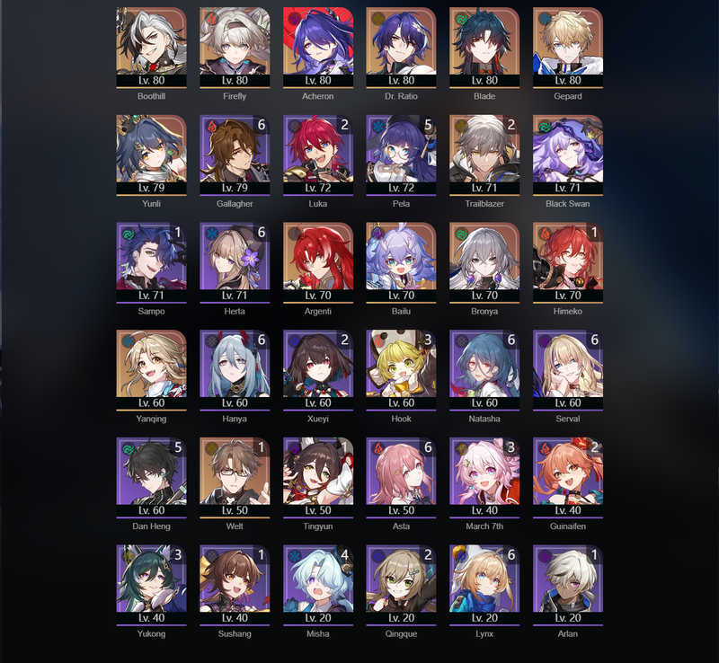 [Asia] TL70 - Boothill,Firefly,Acheron,Blade,Gepard,Yuni,Black Swan,Argenti,Bronya,Bailu,Yanqing,Himeko(E1),Welt(E1)