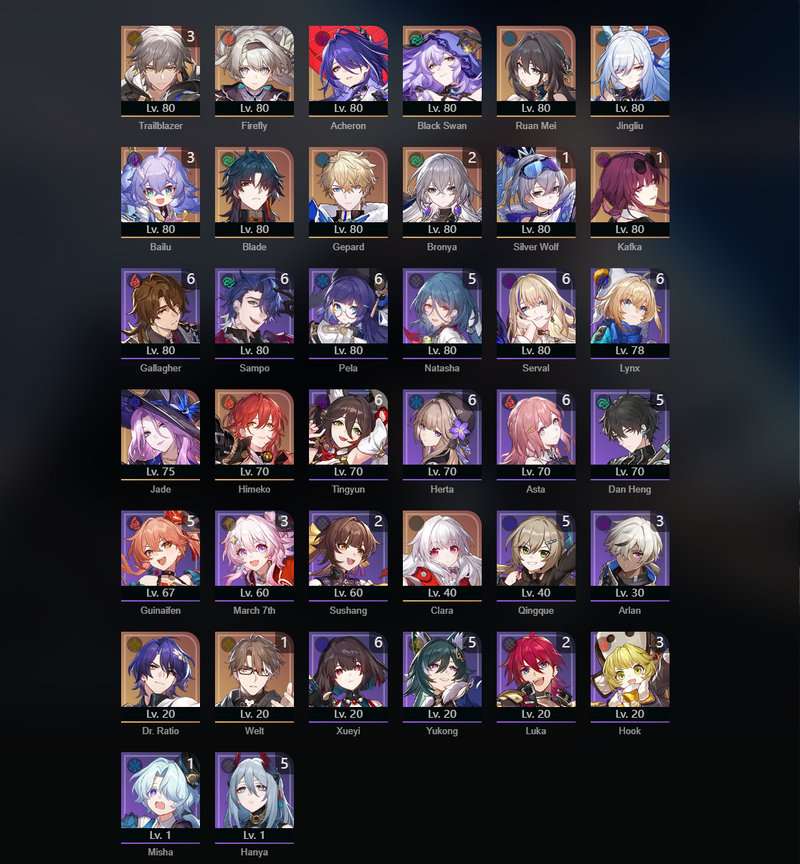 [Asia] TL70 - Firefly,Acheron,Black Swan,Ruan Mei,Blade,Gepard,Jade,Himeko,Silver Wolf(E1),Kafka(E1),Welt(E1),Bronya(E2),Bailu(E3)