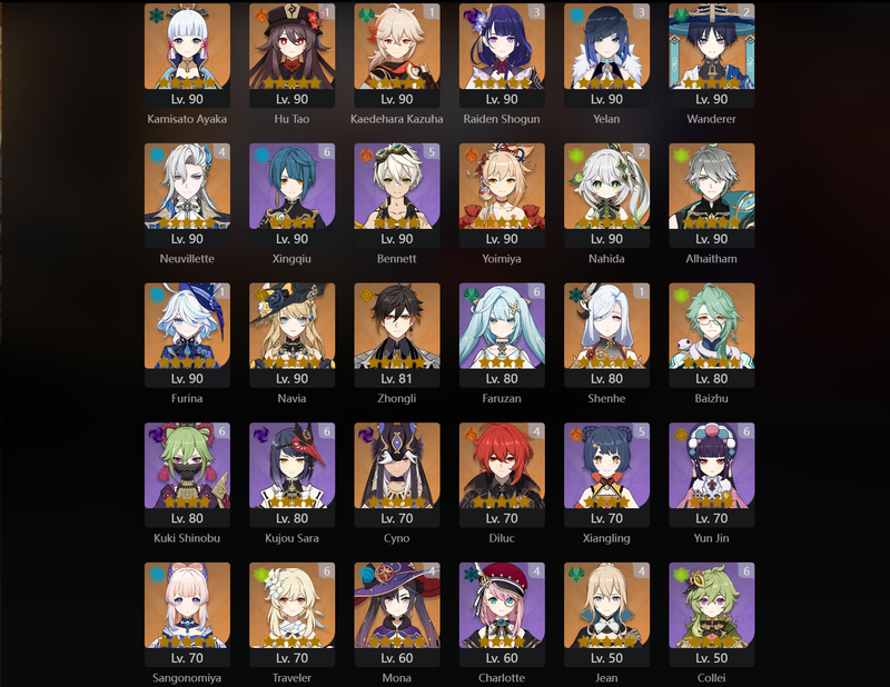 [Asia] AR60 - Ayaka,Yoimiya,Alhaitham,Navia,Zhongli,Baizhu,Cyno,Kokomi,Tighnari,Qiqi,Dehya,Xianyun,Hu Tao(C1),Kazuha(C1),Furina(C1),Shenhe(C1),Wanderer(C2),Keqing(C2),Nahida(C2),Raiden Shogun(C3),Yelan(C3),Neuvillette(C4),Diluc(C4)