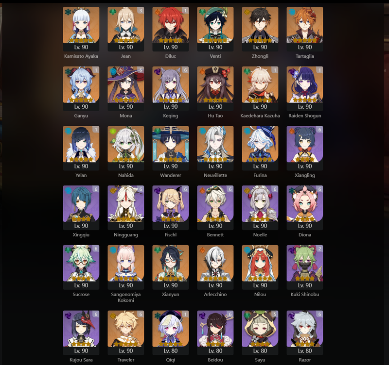 [Asia] AR60 - Ayaka,Venti,Zhongli,Tartaglia,Hu Tao,Nahida,Wanderer,Furina,Kokomi,Xianyun,Arlecchino,Nilou,Diluc(C1),Ganyu(C1),Kazuha(C1),Raiden Shogun(C1),Yelan(C1),Qiqi(C1),Dehya(C1),Jean(C3),Mona(C5),Keqing(C6)