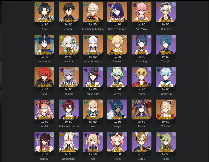 [America] AR58 - Xiao, Zhongli, KAzuha, Raiden Shogun, Yae Miko, Wanderer, Nahida, Ayaka, Mona, Yoimiya, Qiqi, Diluc(C1), Keqing(C1), JEan(C2)