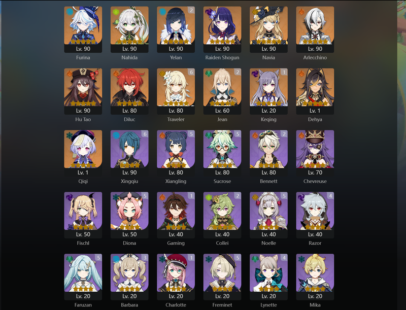 [America] AR57 - Furina,Nahida,Raiden Shogun,Navia,Arlecchino,Hu Tao,Dehya,Qiqi,Keqing(C1),Jean(C2),Yelan(C2)