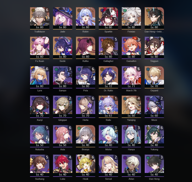 [Eu] TL70 - Jade,Robin,Sparkle,Feixiao,Dan Heng,Fu Xuan,Seele,Kafka,Gepard,Bronya,Bailu(E1),Yanqing(E4)