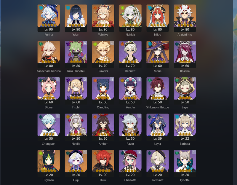 [Eu] AR55 - Furina,Yelan,Yoimiya,Nahida,Nilou,Itto,Kazuha,Mona,Diluc,Tighnari,Qiqi(C1)