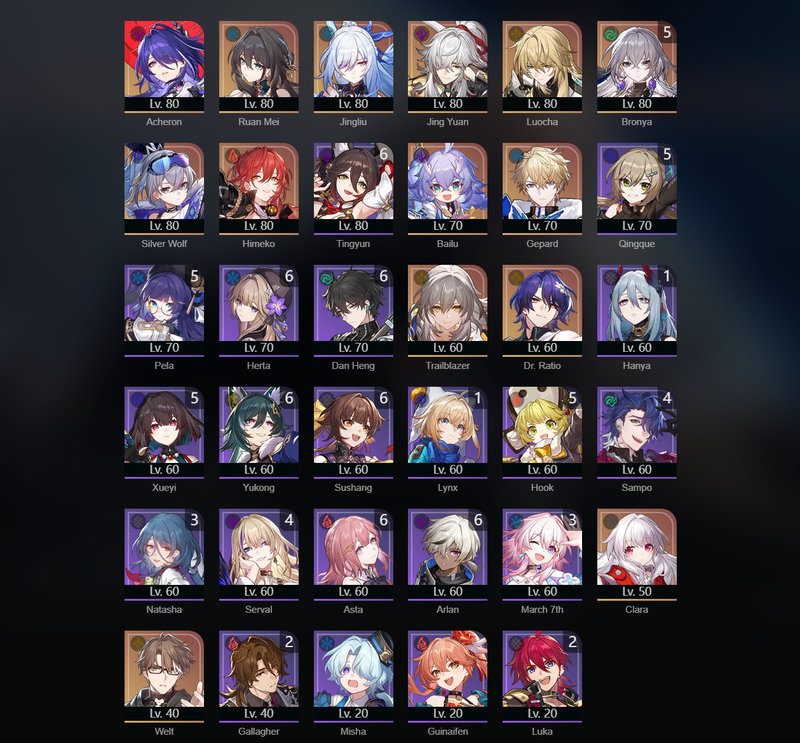 [Eu] TL70 - Acheron,Ruan Mei,Jingliu,Jing Yuan,Luocha,Silver Wolf,Himeko,Bailu,Gepard,Clara,Welt,Bronya(E5)