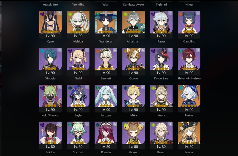 [Asia] AR60 - Lyney,Baizhu,Ayaka,Venti,Hu Tao,Kazuha,Raiden Shogun,Kokomi,Yae Miko,Yelan,Ayato,Nilou,Nahida,Alhaitham,Furina,Navia,Qiqi(C1),Dehya(C1),Xiao(C1),Eula(C1),Itto(C1), Tighnari(C1),Zhongli(C2),Wanderer(C2),Diluc(c3)Cyno(C5),Keqing(c6),Jean(C6)