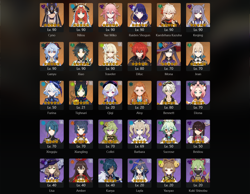 [Asia] AR58 - Cyno,Nilou,Miko,Raiden shogun,Kazuha,Keqing,Ganyu,Xiao,Jean,Furina,Mona(C1),Tighnari(C1),Qiqi(C1)