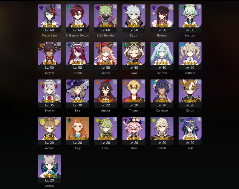 [Asia] AR58 - Nahida, Baizhu, Ayato, Venti, Zhongli, Tartaglia, Ganyu, Yoimiya, Wanderer, Mona, Diluc(C1), Jean(C2), Keqing(C3)