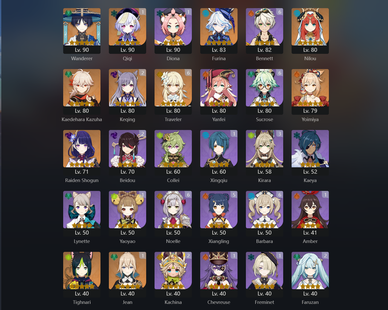 [Eu] AR 56- Wanderer,Furina,Nilou,Kazuha,Yoimiya,Raiden Shogun,Tighnari,Qiqi(C1),Keqing(C2)