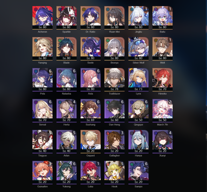 [Asia] TL70 -Acheron,Sparkle,Ruan Mei,Yanqing,Blade,Seele,Bronya,Silver Wolf,Himeko,Gepard,Jingliu(E1),Bailu(E1),Welt(E1)