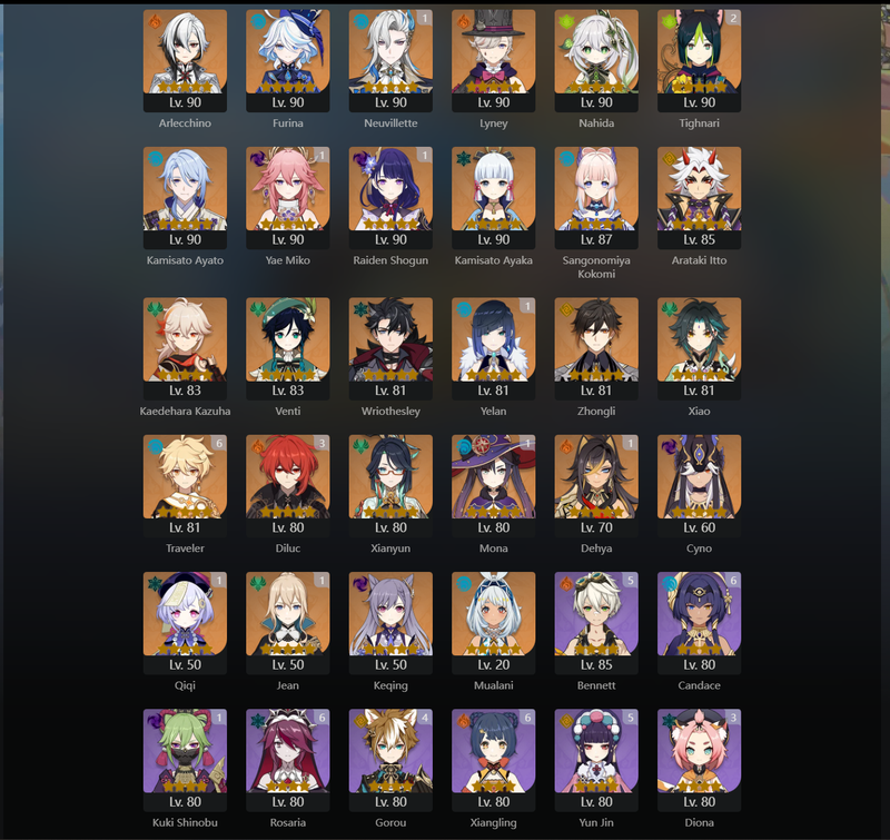 [America] AR60 - Arlecchino,Furina,Lyney,Nahida,Ayato,Ayaka,Kokomi,Itto,Kazuha,Venti,Wriothesley,Zhongli,Xiao,Xianyun,Cyno,Mualani,Neuvillette(C1),Miko(C1),Raiden Shogun(C1),Yelan(C1)