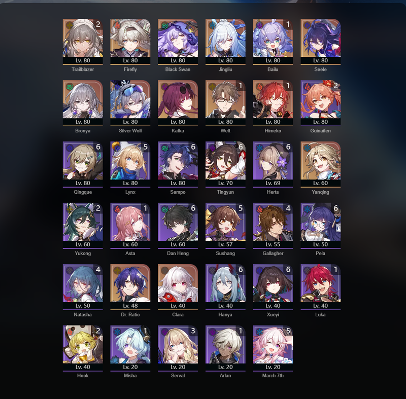 [Asia] TL68 - Firefly,Lingsha,Black Swan,JingLiu,Seele,Bronya,Silver Wolf,Kafka,Yanqing,Clara,Bailu(E1),Welt(E1),Himeko(E1)