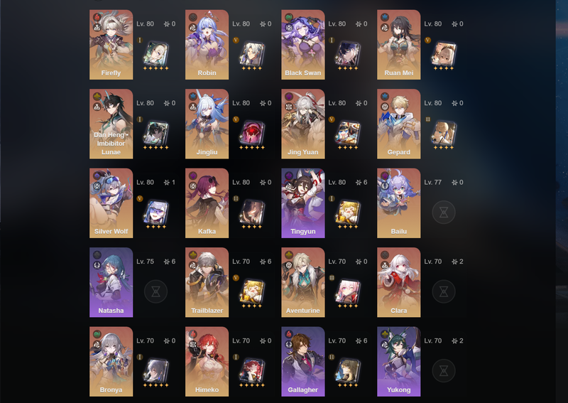 [Eu] TL70 - Firefly,Robin,Black Swan,Ruan Mei,Dan heng,Jingliu,Jing Yuan,Kafka,Bailu,AventurineBronya,Himeko,Silver Wolf(E1),Yanqing(E1),Clara(E2)