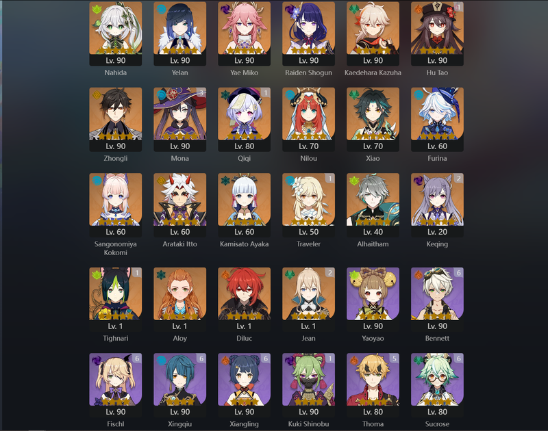 [America] AR60 - Nahida,Yelan,Miko,Raiden Shogun,Kazuha,Zhongli,Nilou,Xiao,Furina,Kokomi,Itto,Ayaka,Alhaitham,Diluc,Hu Tao(C1),Keqing(C2),Jean(C2),Mona(C3)