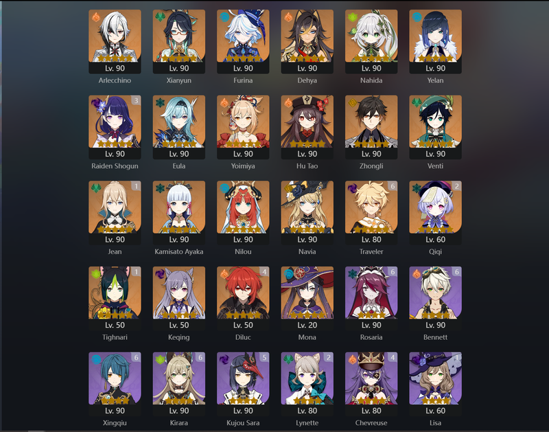 [Eu] AR60 - Arlecchino,Xianyun,Furina,DehyamNahida,Eula,Yoimiya,Hu Tao,Zhongli,Venti,Ayaka,Nilou,Navia,Keqing,Mona,Jean(C1),Tighnari(C1),Qiqi(C3),Raiden Shogun(C3),Diluc(C4)