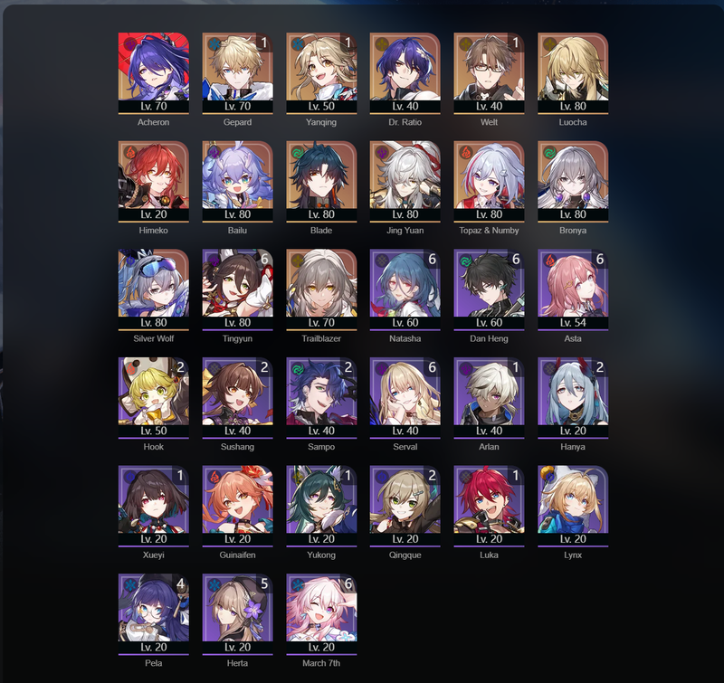 [Asia] TL67 - Acheron,Luocha,Himeko,Bailu,Blade,Jing Yuan,Topaz,Bronya,Silver Wolf,Gepard(E1),Yanqing(E1),Welt(E1),