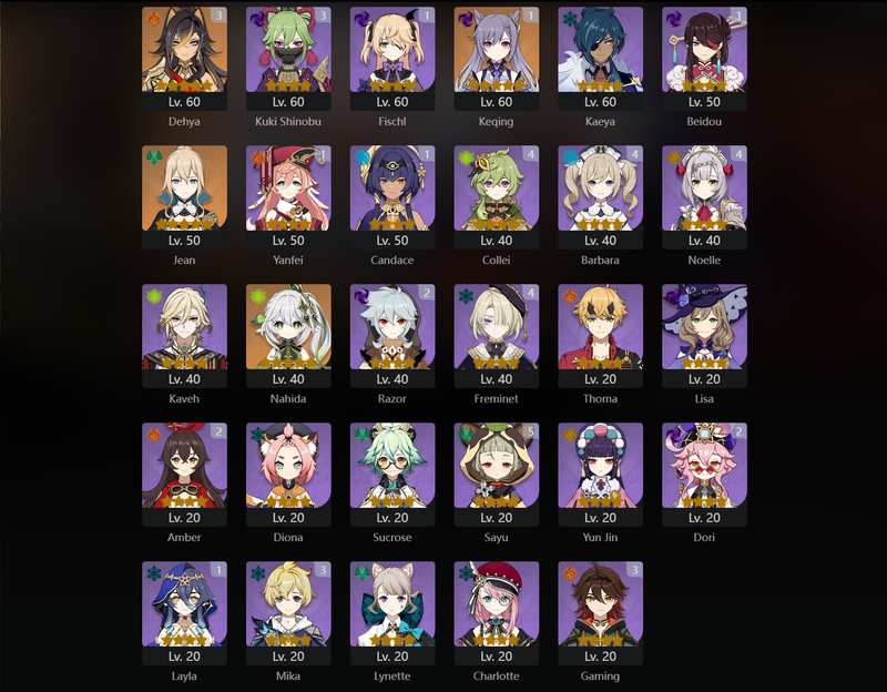 [Eu] AR57 - Zhongli, Kazuha, Alhaitham, Neuvillette, Diluc, Jean, Nahida, Keqing(C1), Dehya(C3)