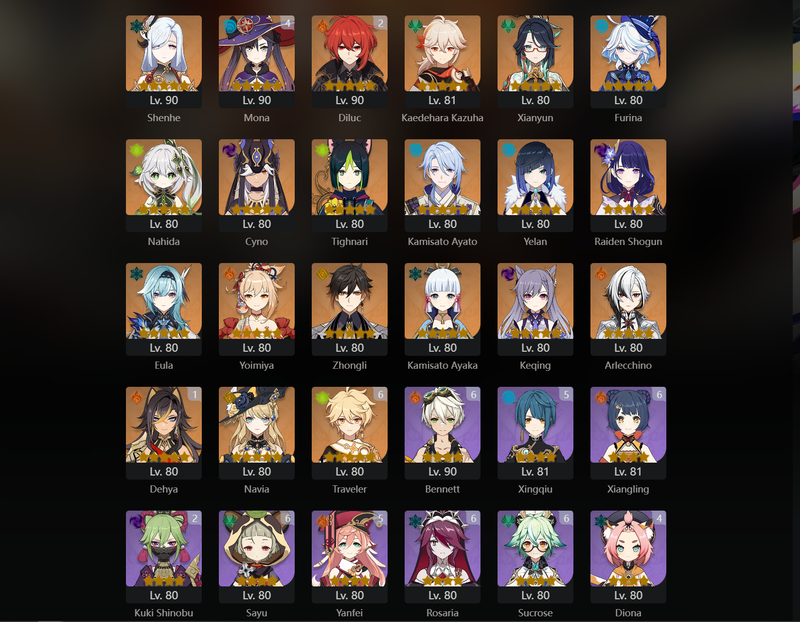 [Eu] AR60 - Shenhe,KAzuha,Xianyun,Furina,Nahida,Cyno,Tighnari,Ayato,Yelan,Raiden Shogun,Eula,Yoimiya,Zhongli,Ayaka,Keqing,Arkecchino,Navia,Dehya(C1),Diluc(C3),Mona(C4)