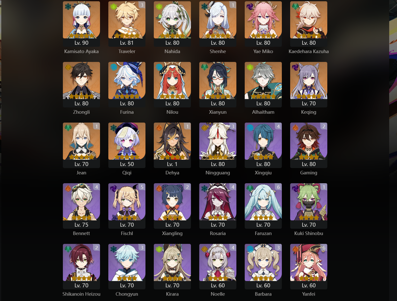 [Asia] AR58 - Ayaka,Nahida,Miko,Kazuha,Zhongli,Furina,Nilou,Xianyun,Alhaitham,Keqing,Qiqi,Shenhe,Jean(C1),Dehya(C1)