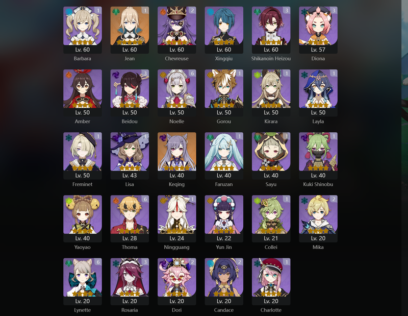 [Eu] AR59 - Zhongli, Kazuha, Raiden Shogun, Yelan, Nahida, Neuvillette, Navia, Arlecchino, Tighnari, Xiao, Keqing, Diluc(C1), Jean(C1)