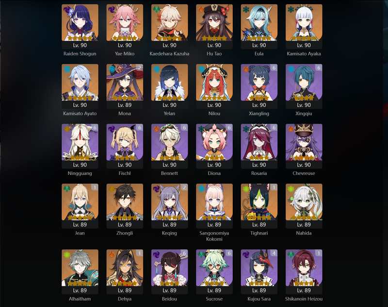 [America] AR60 - Raiden Shogun, Yae Miko, Kazuha, Hu tao,Eula, Ayaka, Ayato, Yelan, Nilou, Zhongli, Kokomi, nahida, Alhaitham, Shenhe, Furina, Neuvillette, Qiqi, Diluc(C1), Jean(C1), Tighnari(c1), Dehya(C1), Mona(C2), Keqing(C2)