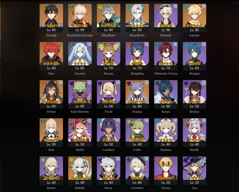 [Eu] AR57 - Zhongli, Kazuha, Alhaitham, Neuvillette, Diluc, Jean, Nahida, Keqing(C1), Dehya(C3)