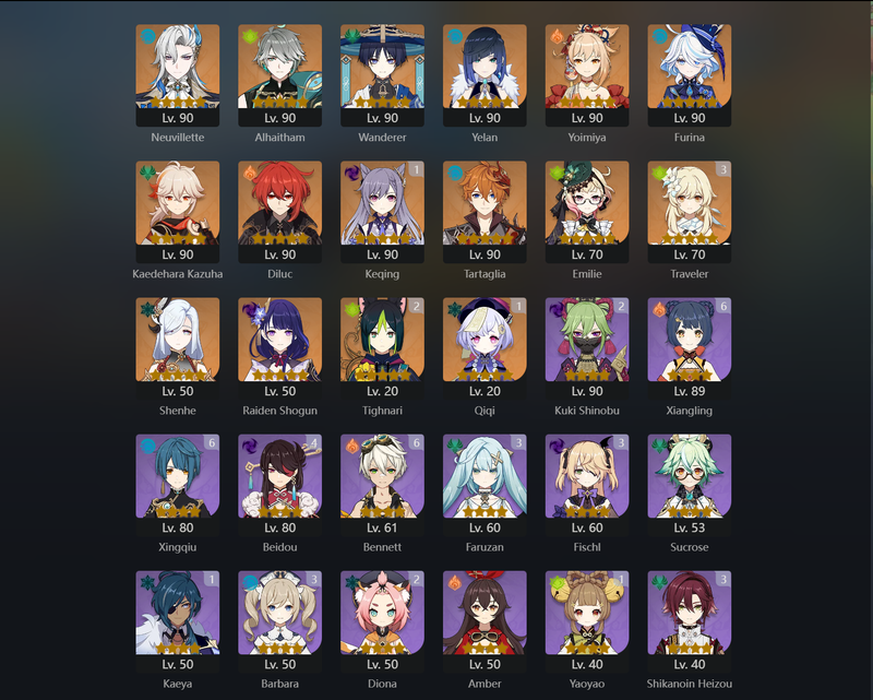 [America] AR57 - Neuvillette,Alhaitham,Wanderer,Yelan,Yoimiya,Furina,Kazuha,Diluc,Tartaglia,Emilie,Shenhe,Raiden Shogun,Qiqi(C1),Tighnari(C2)[Dead:F,Psn]