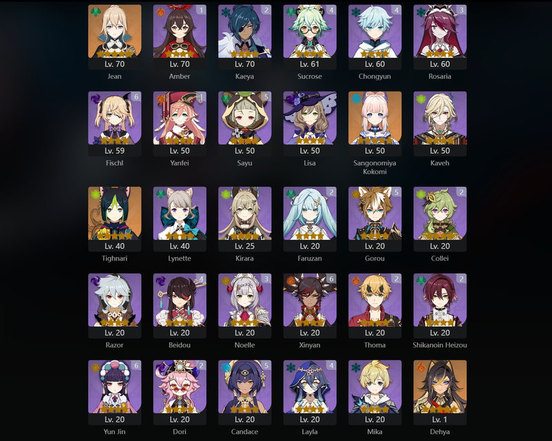 [Asia] AR59 - Venti, Zhongli, Raiden Shogun, Nahida, Kazuha, Ayaka, Nilou, Yoimiya, Klee, Ganyu, Yae Miko, Yelan, Kokomi, Tighnari, Dehya, Diluc(C1), Mona(C1)