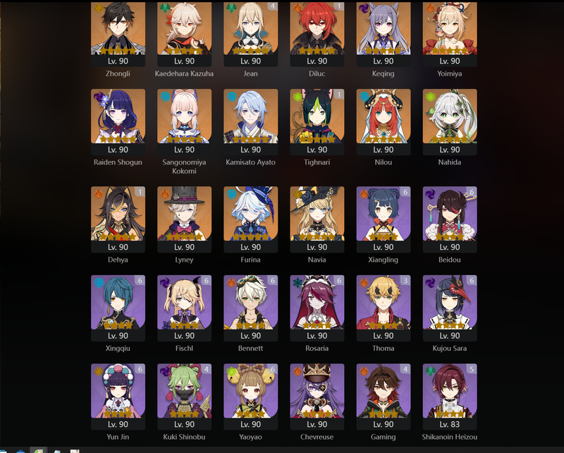 [Asia] AR60 - Ayaka,Hu Tao,Zhongli,Kazuha,Keqing,Yoimiya,Raiden Shogun,Kokomi,Ayato,Nilou,Nahida,Lyney,Furina,Navia,Arlechino,Xiao(C1),Shenhe(C1),Yelan(C1),Diluc(C1),Dehya(C1),Mona(C1),Qiqi(C1),Xianyun(C2),Jean(C4)