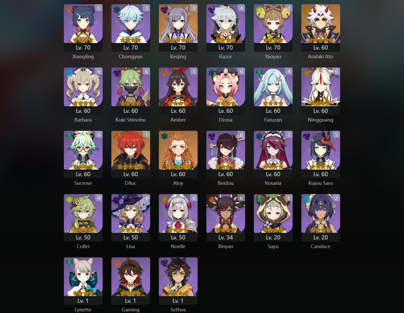 [America] AR60 - Klee,Ganyu,Kazuha,Venti,Ayaka,Yoimiya,Raiden Shogun,Kokomi,Nilou,Cyno,Nahida,Wanderer,Itto,Jean(C1),Tighnari(C1),Mona(C1),Keqing(C1),Diluc(C1),Qiqi(C2)