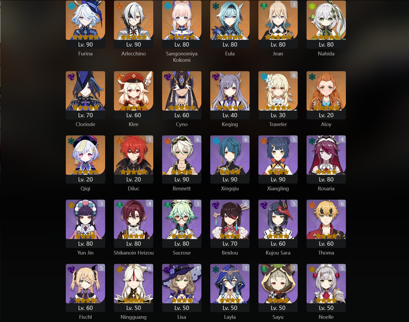 [Asia] AR59 - Neuvillette,Ayato,Hu Tao,Zhongli,Furina,Arlecchino,Kokomi,Eula,Nahida,Clorinde,Klee,Cyno,Keqing,Qiqi,Raiden shogun(C1),Kazuha(C1),Diluc(C1),Jean(C4)