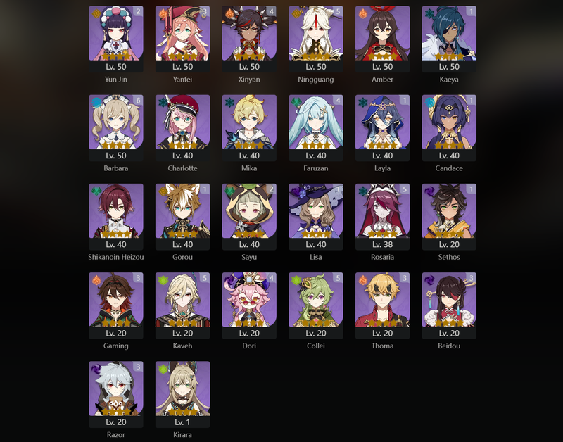 [Asia] AR58 - Kinich,Arlecchino,Nahida,Raiden Shogun,Tighnari,Zhongli,Venti,Ayaka,Neuvillette,Yelan,Jean,Mona,Furina(C1),Qiqi(C1),Keqing(C2)