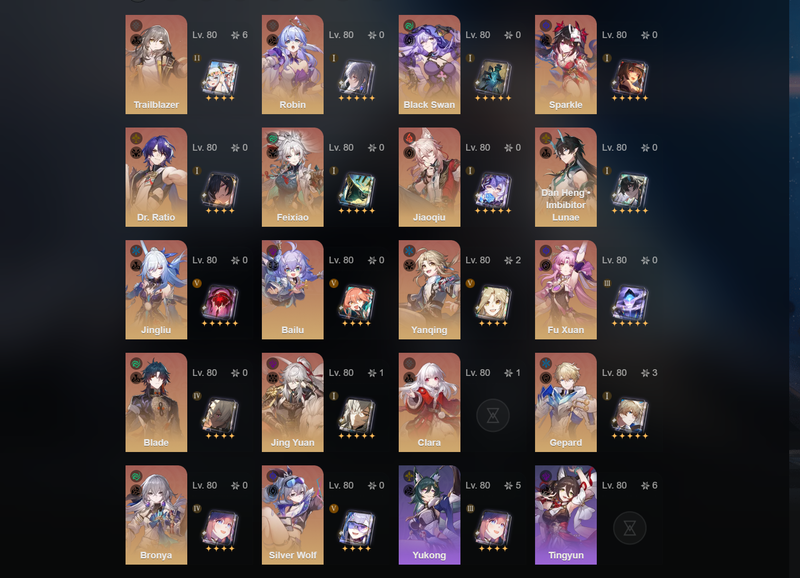 [Asia] TL70 - Robin,Sparkle,Feixiao,Jiaoqiu,Dan Heng,Jingliu,Bailu,Fu Xuan,BladeClara,Wanderer,Bronya,Himeko,Jing Yuan(E1),Gepard(E3)