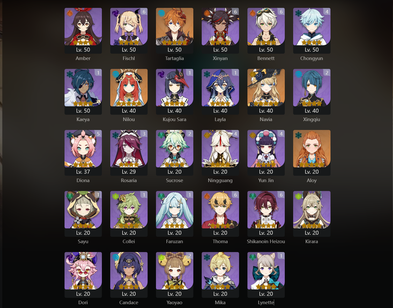 [Eu] AR58 - Xiao, Ganyu, Eula, Yelan, Kazuha, Keqing, Yoimiya, Raiden Shogun, Tartaglia, Nilou, Navia, Mona(C1), Jean(C2)