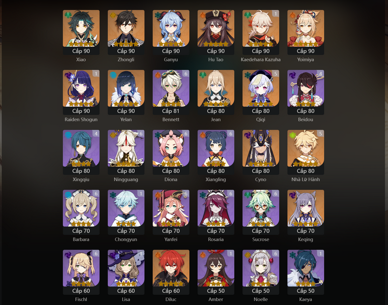 [Asia] AR59 - Xiao, Zhongli, Ganyu, Hu Tao, Yoimiya, Yelan, Jean, Cyno, KEqing, Diluc, Klee, Kazuha (C1), Raiden Shogun(C1), Qiqi(C5)