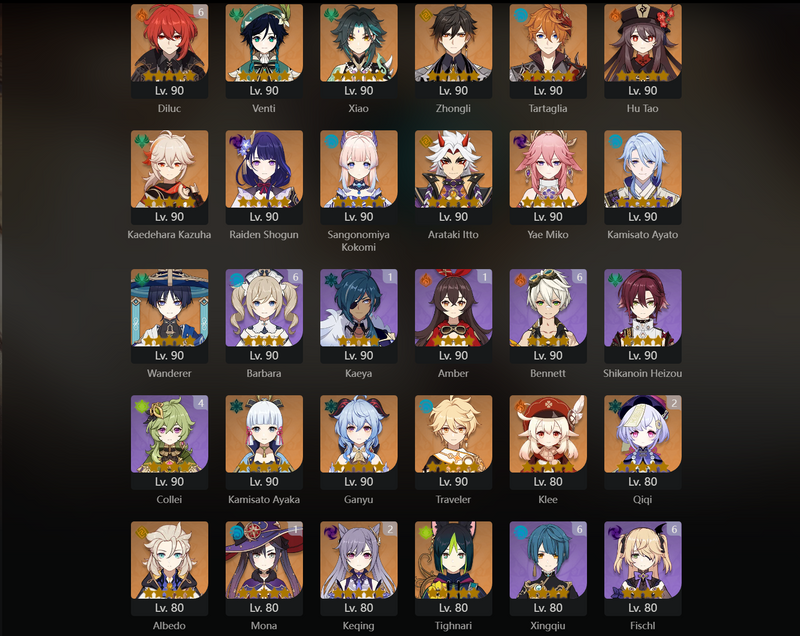 [America] AR60 - Venti, Xiao, Zhongli, Tartaglia, Hu Tao, Kazuha, Raiden Shogun, Kokomi, Itto, Yae Miko, Ayato, Wanderer, Ayaka, Ganyu, Klee, Albdo, Tighnari, Mona(C1), Qiqi(C2), Keqing(C2), Jean(C2), Diluc(C6)