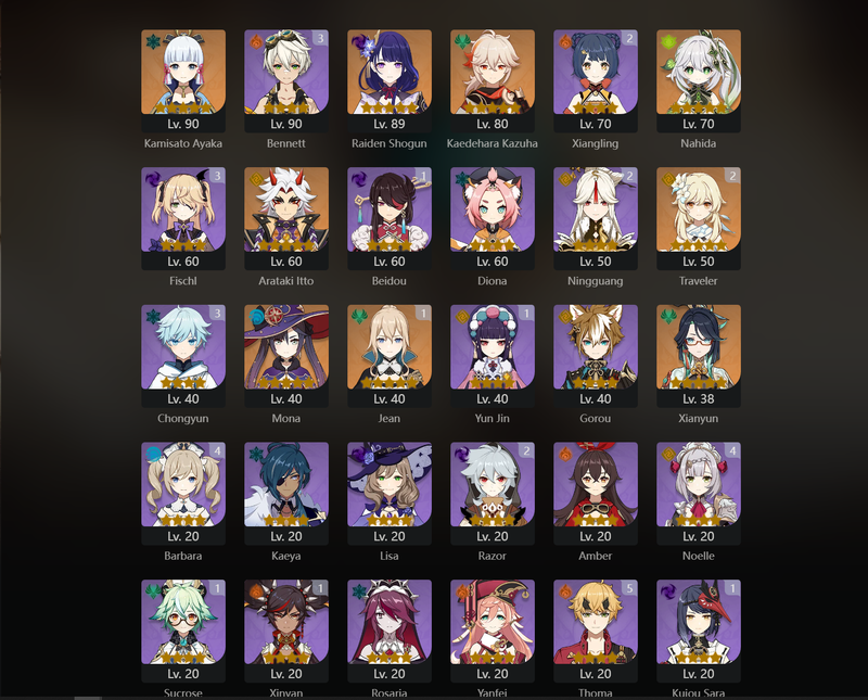 [Eu] AR55 - Ayaka, Raiden Shogun, Kazuha, Nahida, Itto, Mona, Xianyun, Diluc, Jean(C1)