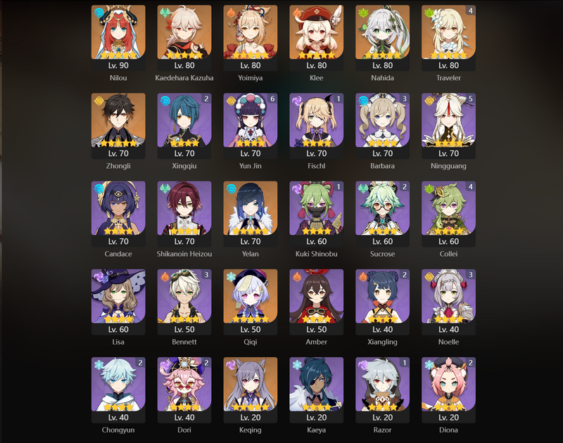 [Eu] AR55 - Nilou, Kazuha, Yoimiya, Klee, Nahida, Zhongli, Yelan, Qiqi, KEqing, Diluc