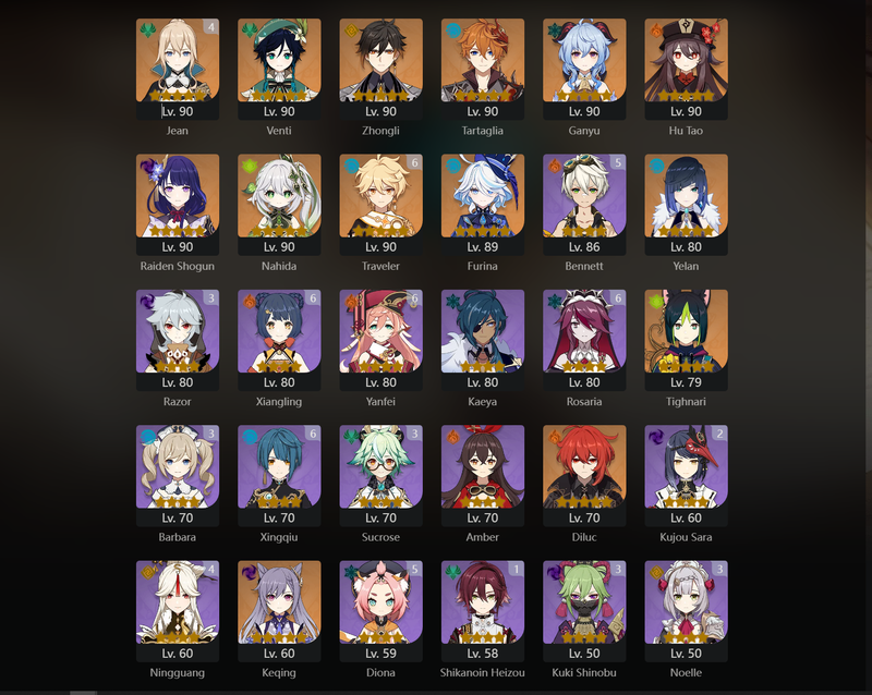 [Asia] AR58 - Venti, Zhongli, Tartaglia, Ganyu, Hu tao, Raiden Shogun, Nahida, Furina, Yelan, Tighnari, Diluc, Keqing, Ayaka, Dehya(C1), Jean(C4)