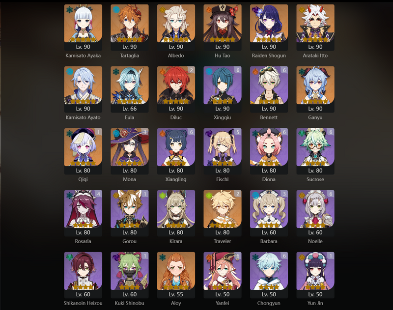 [Eu] AR58 - Ayaka, Tartaglia, Albedo, Hu Tao, Raden Shogun, Itto, Ayato, Eula, Ganyu, Qiqi(C1), Diluc(C2), Mona(C3)