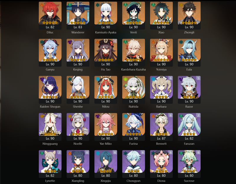 [Eu] AR60 - Tighnari, Mona, Diluc, Wanderer, Ayaka, Venti, Xiao, Zhongli, Ganyu, KEqing, Kazuha, Yoimiya, Eula, Raiden Shogun, Shenhe, Nilou, Nahida, Yae Miko, Furina, Hu Tao(C1), Jean(C3), Qiqi(C3)