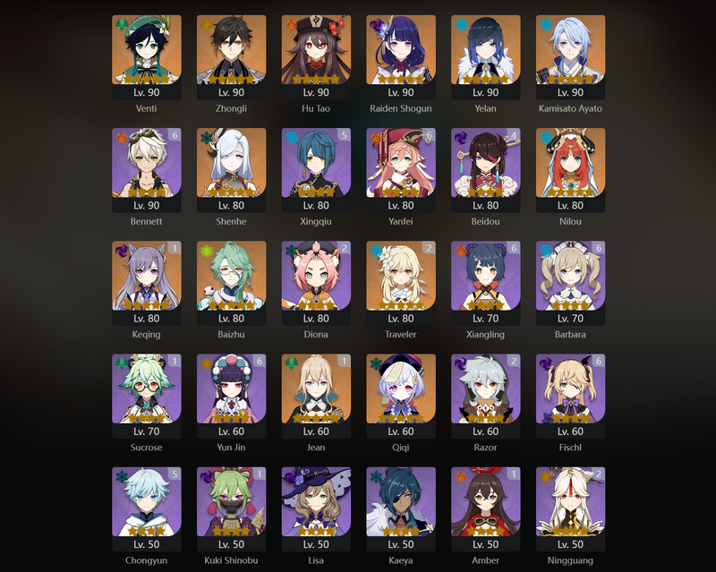 [America] AR58 - Venti, Zhongli, Hu Tao, Raiden Shogun, Yelan, Ayato, Shenhe, Nilou, Baizhu, Qiqi, Neuvillette, Mona, Keqing(C1), Jean(C1)