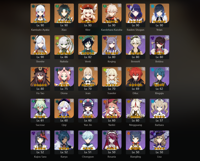 [America] AR57 - Wriothesley, Ayaka, Xiao, Klee, Raiden Shogun, Yelan, Shenhe, Venti, Keqing, Hu Tao, Nilou, Kazuha(C1), Nahida(C1), Jean(C1), Qiqi(C2), Diluc(C3)