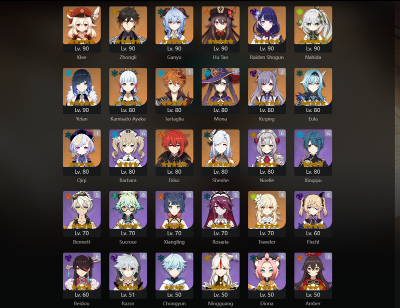 [America] AR57 - Klee, Zhongli, Ganyu, Hu Tao, Raiden Shogun, Nahida, Yelan, Ayaka, Eula, Shenhe, Tartaglia(C1), Mona(C1), Qiqi(C1), Keqing(C2)