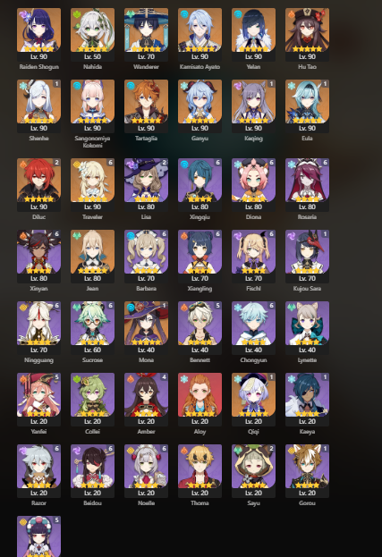 [Asia] AR60 - Wanderer, Nahida, Raiden, Yelan, Eula(C1), Hutao, Shenhe(C1), Kokomi, Childe, Diluc(C2), Keqing(C1), Mona(C1), Qiqi(C1)