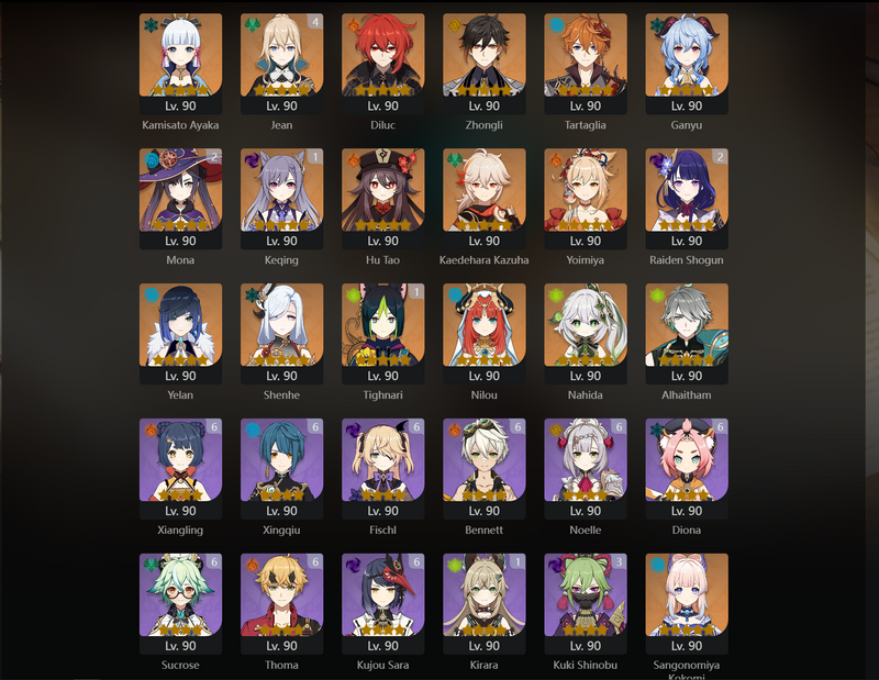 [Eu] AR60 - Ayaka, Diluc, Zhongli, Tartaglia, Ganyu, Hu Tao, Yoimiya, Yelan, Shenhe, Nilou, Nahida, Alhaitham, Kokomi, Qiqi(C1), Tighnari(C1), Keqing(C1), Mona(C2), Raiden Shogun(C2), Jean(C4)[Intertwined Fate: 52]