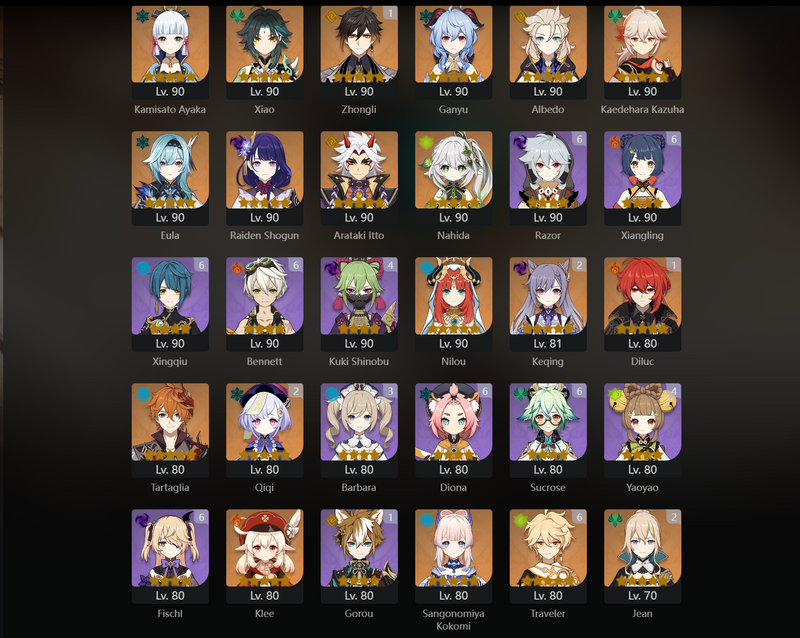 [America] AR60 - Ayaka, Xiao, Ganyu, Albedo, Kazuha, Eula, Raiden Shogun, Nahida, Itto, Nilou, Tartaglia, Klee, Kokomi, Zhongli(C1), Diluc(C1), Keqing(C2), Qiqi(C2), Jean(C2)